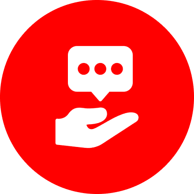 Hand holding a speech bubble icon.