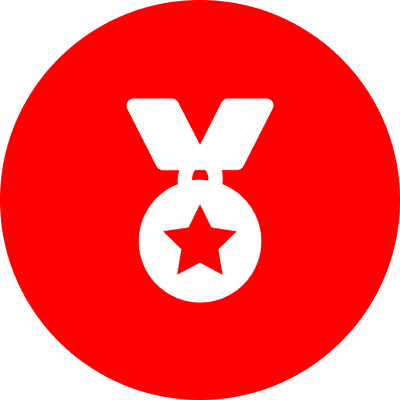 White medal icon on red background.