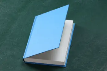Open blue book on green surface.