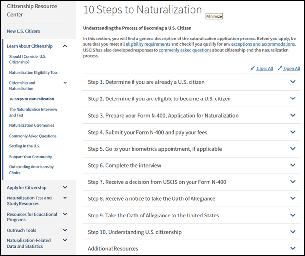 A screenshot of the 1 0 steps to naturalization page.