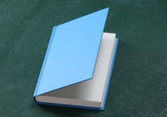 Open blue book on green surface.